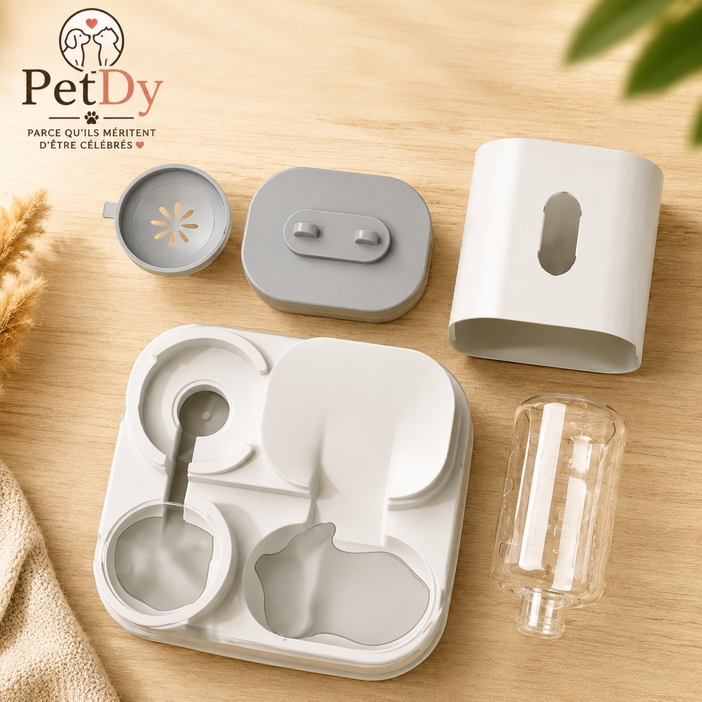 Distributeur Automatique de Croquettes et Fontaine à Eau pour Chat et Chien | Gamelle Double Alimentation Animaux